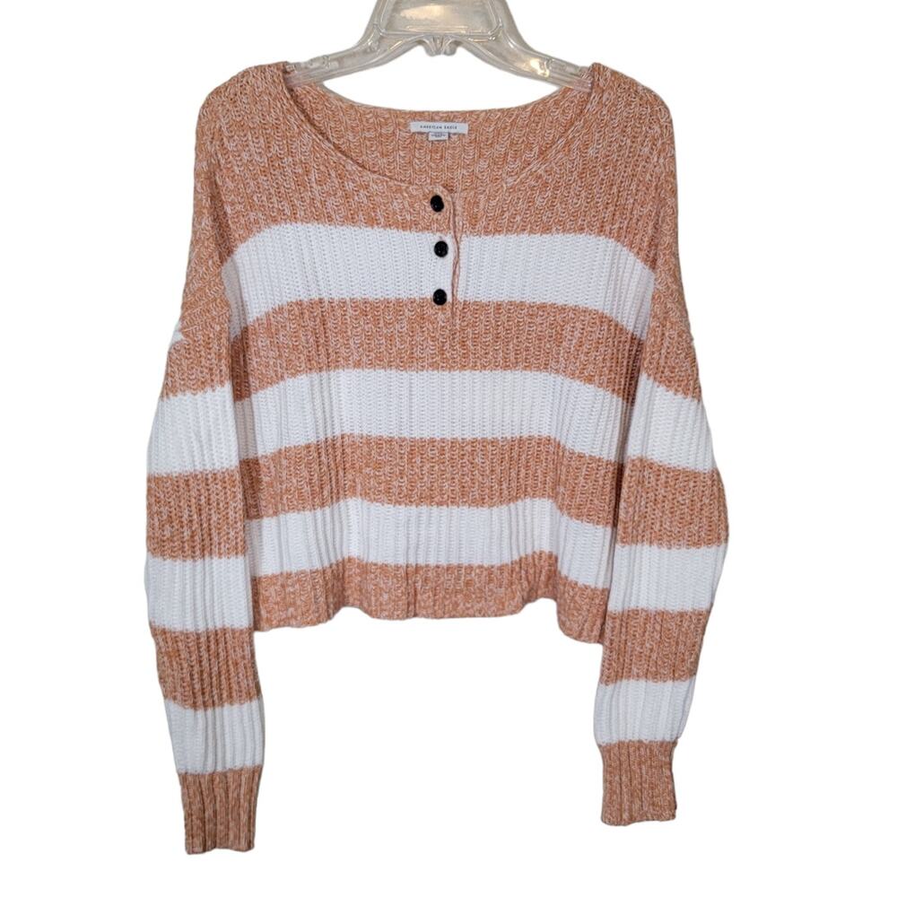 American Eagle Outfitters Women Cropped Henley Sweater Striped Tan White Size M
